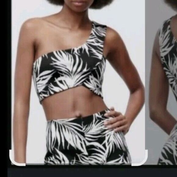 Zara Tropical One Shoulder Crop Top Jaquard Material Size S - Picture 5 of 5